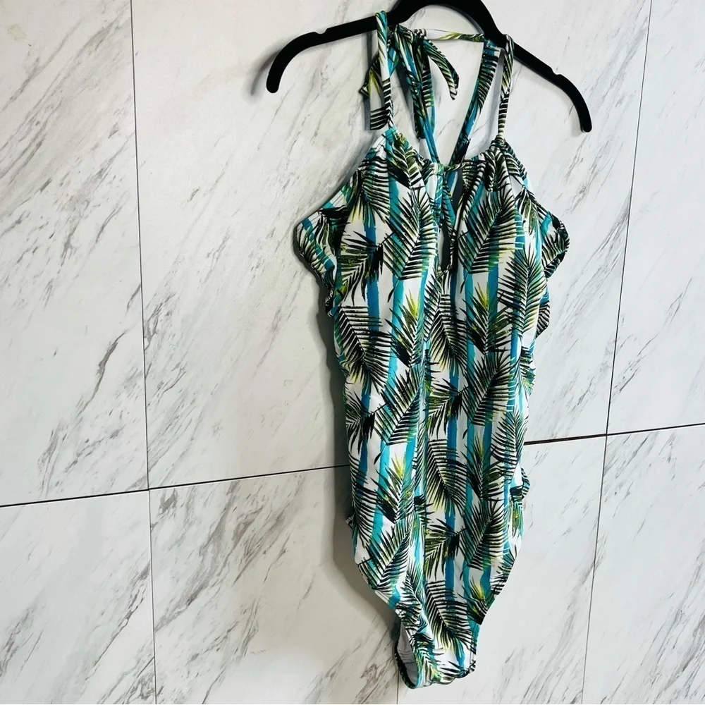 Nicole Miller Palm Tropical One Piece High Neck Swimsuit SZ 2X